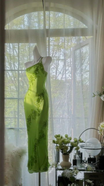 Stunning Sheath One Shoulder Beaded Green Chiffon Party Dress Evening Dress HZ1023